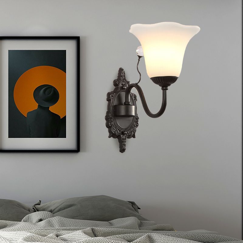 Ivory Glass Black Wall Lamp Flower 1/2-Light Rustic Wall Mount Light Fixture with Crystal Accent for Hall