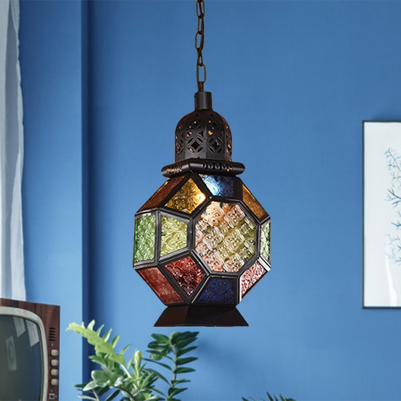 1 Light Pendant Light Fixture Decorative Restaurant Ceiling Lamp with Lantern Cut Glass Shade in Black/Bronze