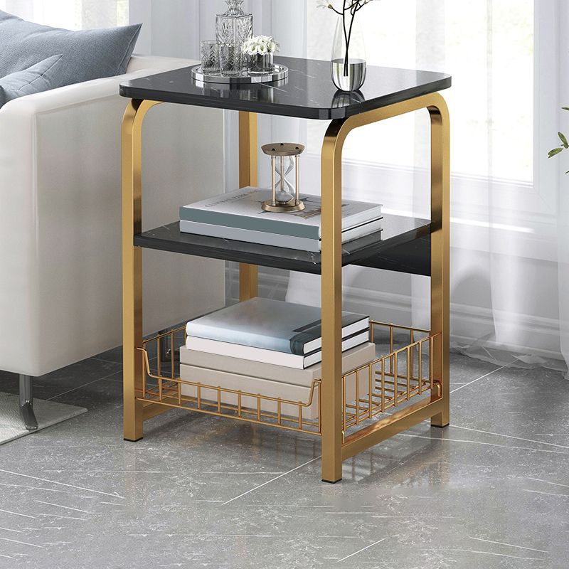 Glam Metal Side Table with Shelves Geometric Stone Top Accent Side Table