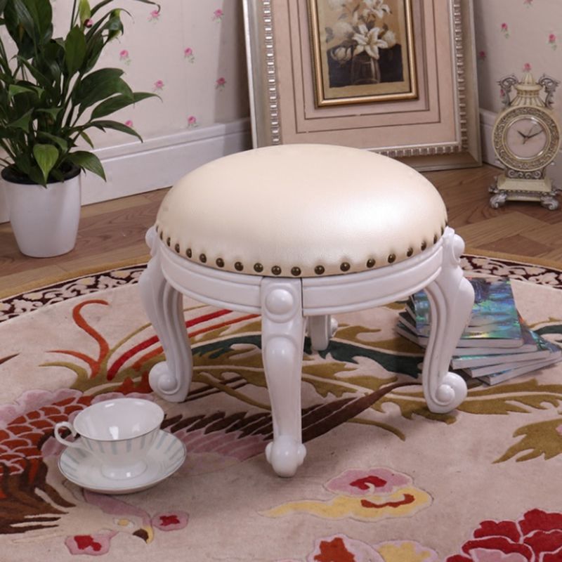 Mid-Century Modern Ottoman Genuine Leather Upholstered Nailhead Trim Round Ottoman