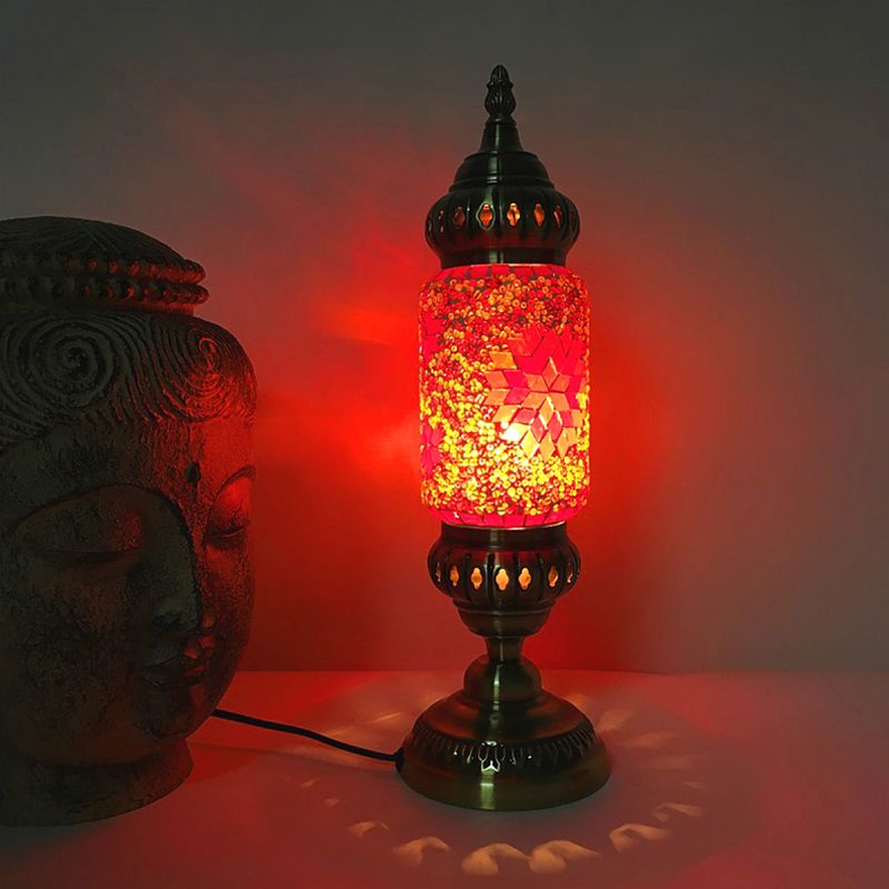 1 Glühbirnenzylinder -Taskbeleuchtungstradition rot/blaues Glas Nachttischlampe mit Messingmetallbasis