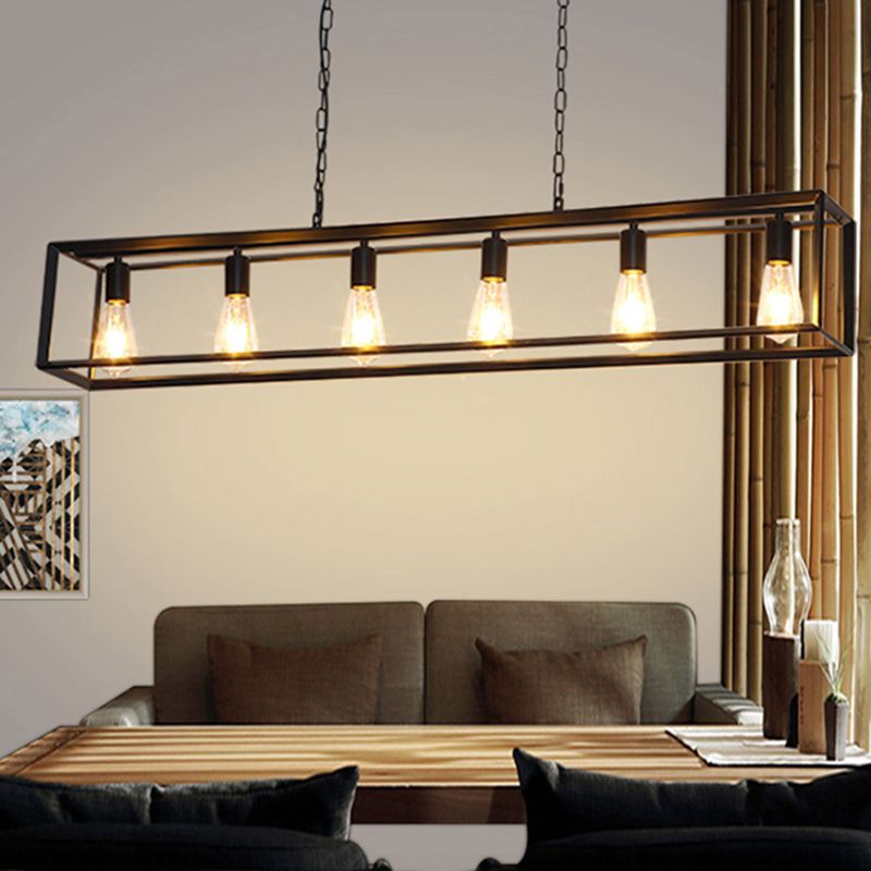 Black/Brass Rectangle Island Pendant Classic Metal 5/6 Bulbs Dining Room Hanging Ceiling Light