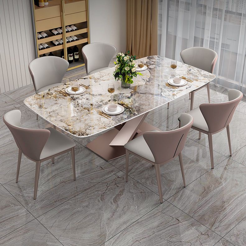Mesa de comedor de lujo tradicional, mesa de comedor rectangular de piedra sinterizada con base de metal