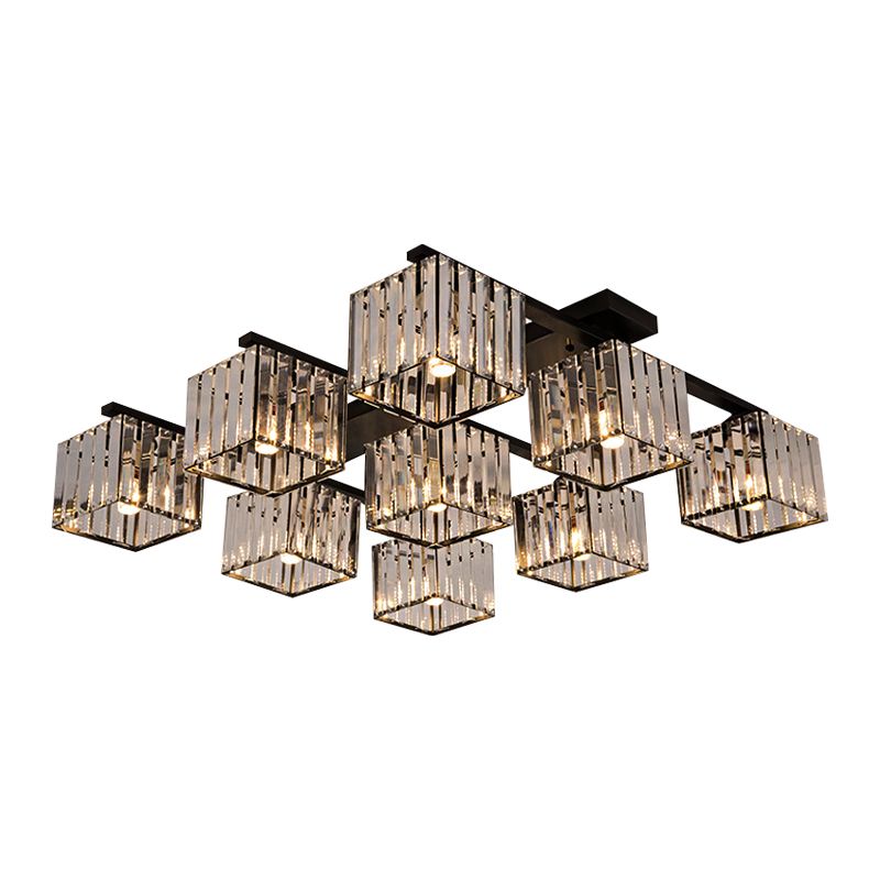 Modern Square Semi Flush Mount Tri-Sided Crystal Rod 4/6/9 Lights Living Room Ceiling Fixture in Gold/Black