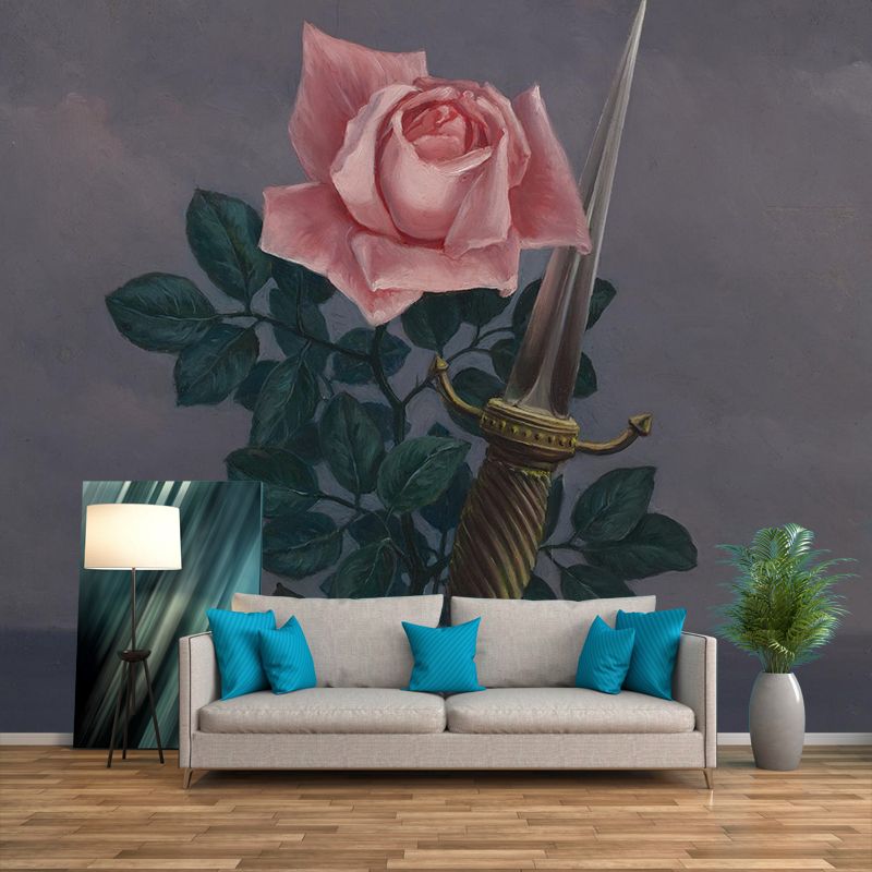 Art Rose and Knight Murals Wallpaper Surreal Non-Woven Fabric Wall Decor in Pink-Green