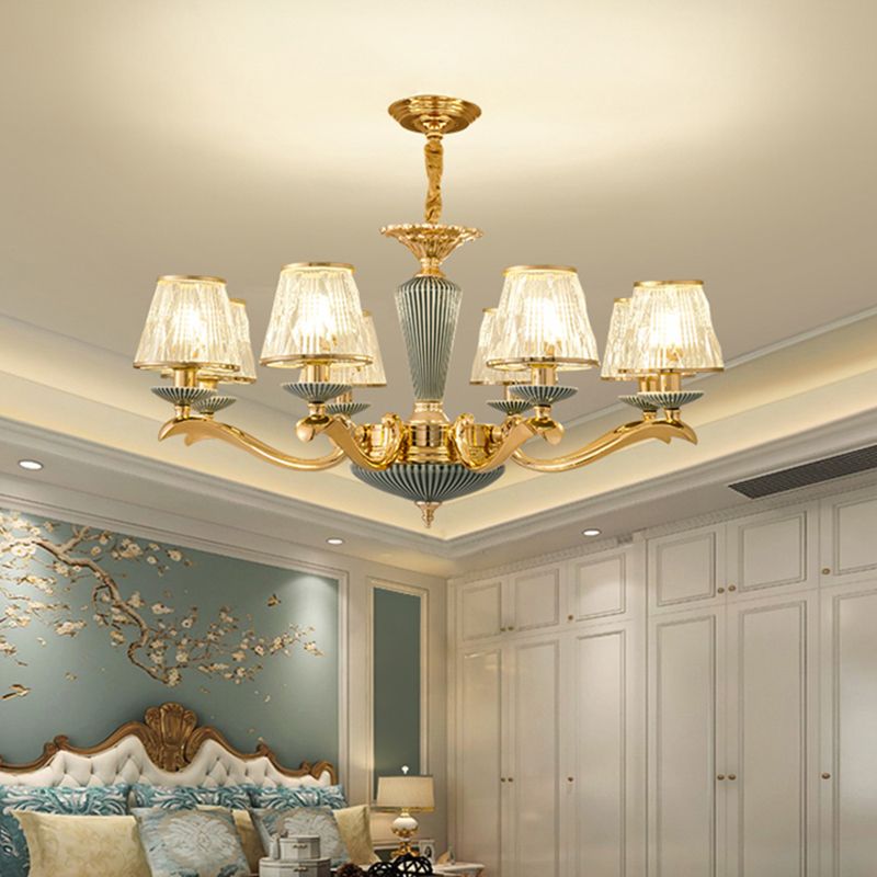 Clear Ribbed Glass Chandelier Lighting Antique Gold Conic Bedroom Ceiling Pendant Lamp