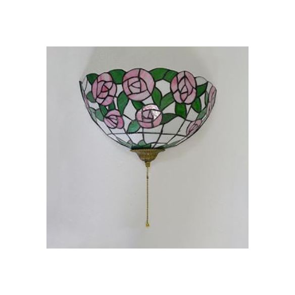 Pink Rose Wall Mount Light with Pull Chain and Green Leaf Pattern 1 Light Stained Glass Tiffany Wall Sconce Light