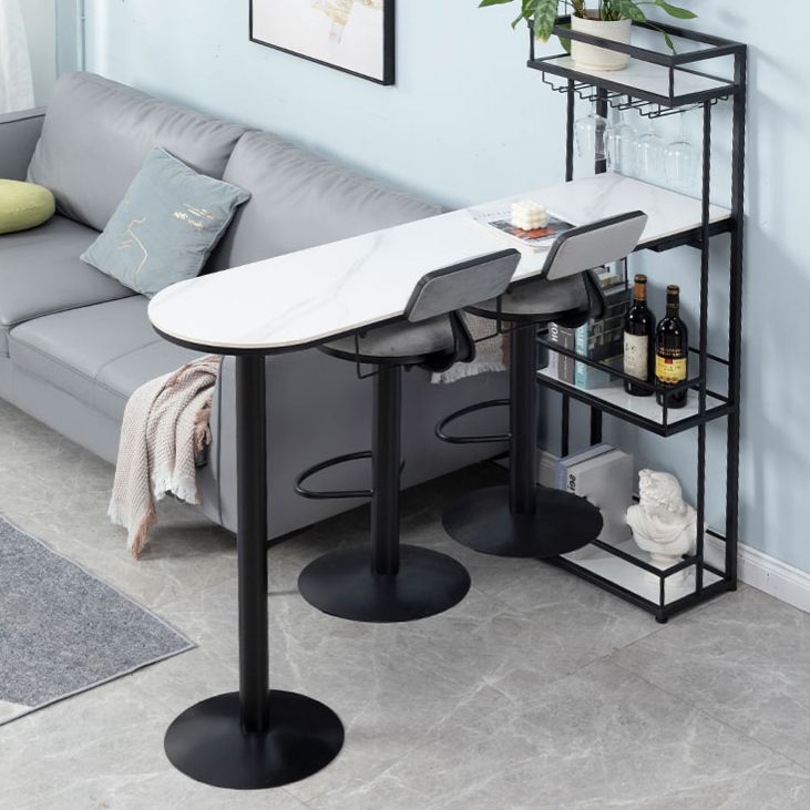 White Stone Indoor Glam Bar Dining Table Iron Double Pedestal Bistro Table with Wine Rack
