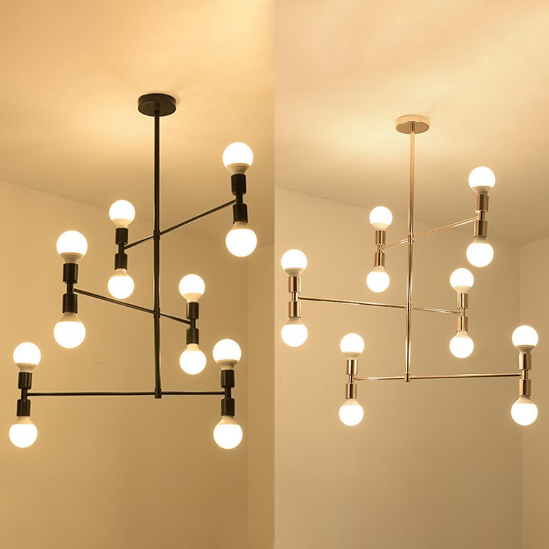 Postmodern 3-Arm Chandelier Metallic 12-Bulb Living Room Hanging Lamp with Shadeless Design