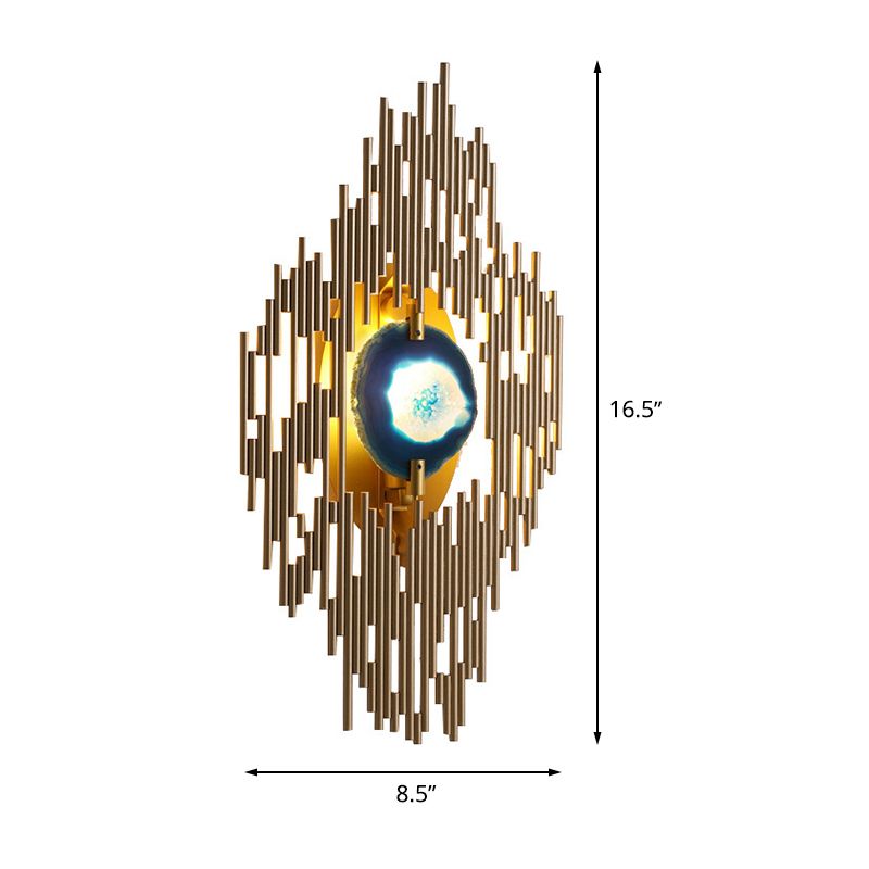 Contemporary Arc Rhombus Sconce Metallic 1 Light Living Room Wall Lighting in Gold with Agate Deco