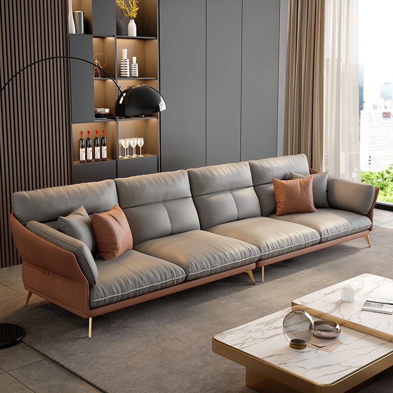 Light-grey Sewn Pillow Back Faux Leather Pillow Top Arm Sofa for Living Room