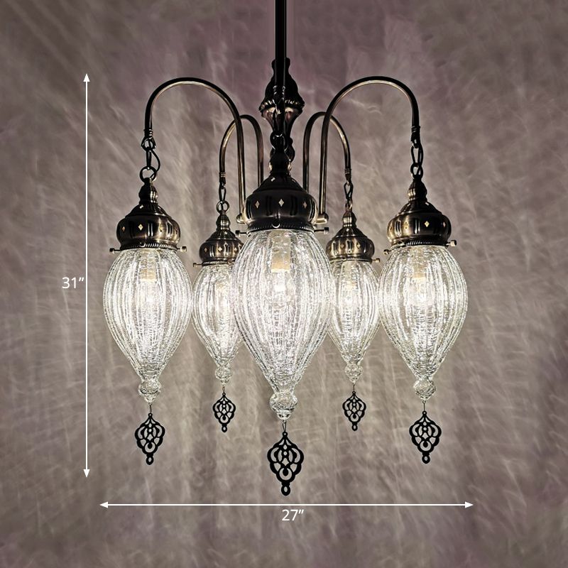 Bronze 5 Heads Chandelier Lamp Traditional White Ribbed Glass Teardrop Ceiling Light