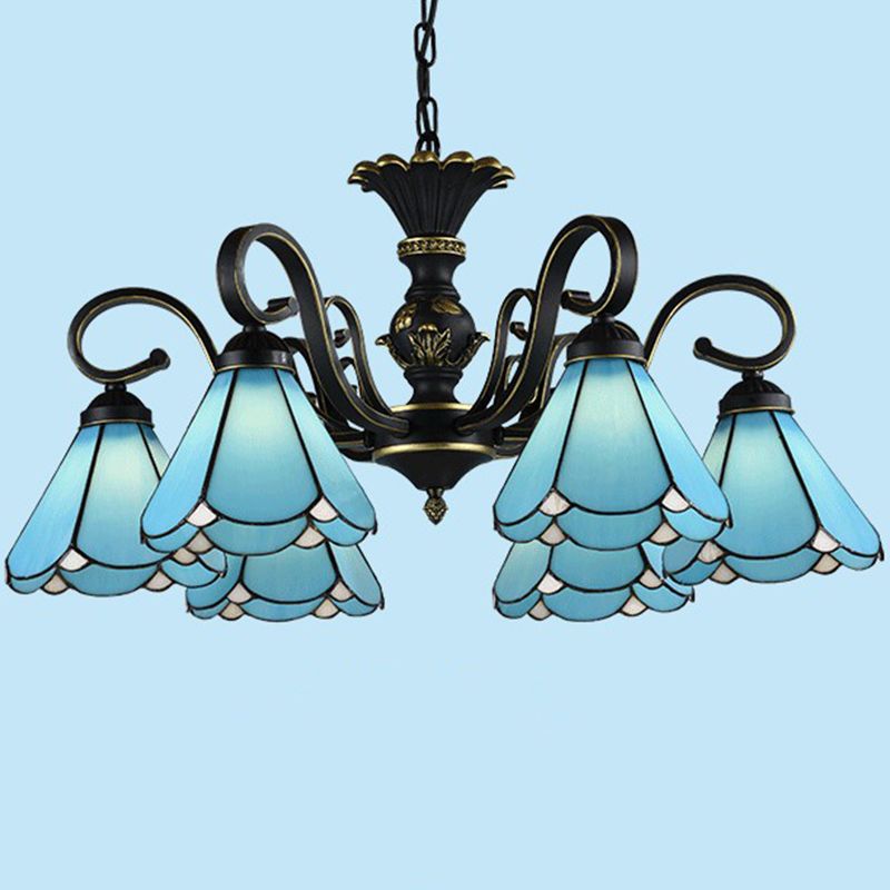 6 têtes CHANDELER DE LA LAMPE DE PROSDE CONICAL MEDITRANANIEN AVEC ARGET SCALLOPED
