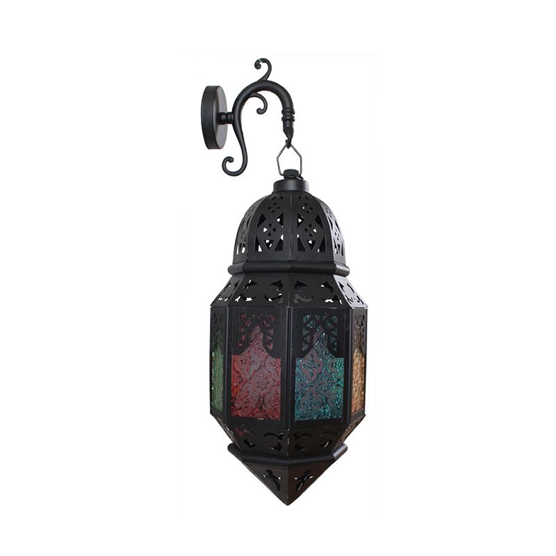 Stained Art Glass Censer Wall Lamp Turkish Single-Bulb Bistro Lantern Sconce in Black