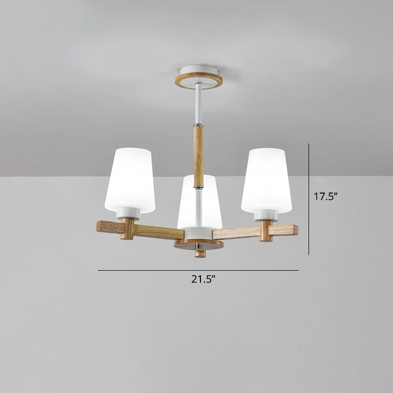 Milk Glass Tapered Chandelier Modern Wood Suspension Light Fixture for Living Room
