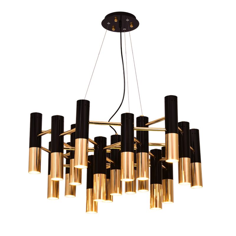Postmodern Black-Gold Chandelier Metal Tubular Living Room Suspension Light
