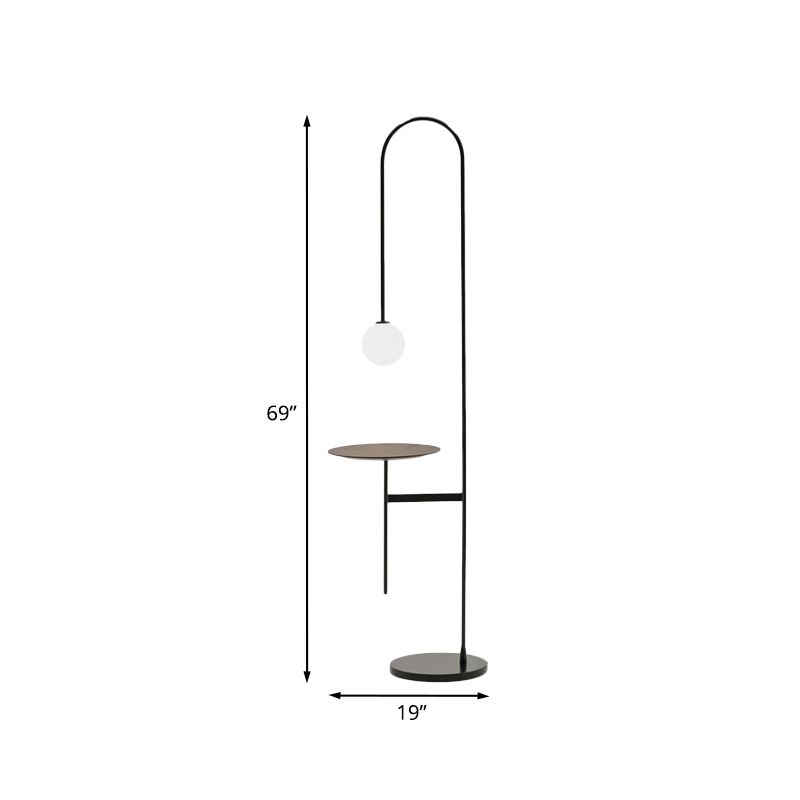 Arcado de resonancia de hierro del brazo Luz de escritorio Minimalista 1 Lámpara de soporte de acabado negro claro con sombra de vidrio blanco orbe