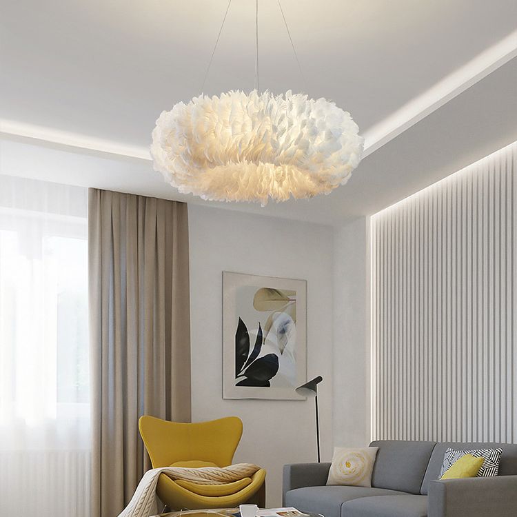 Nordic Modern White Chandelier Light Fixtures Feather Hanging Lamp for Bedroom