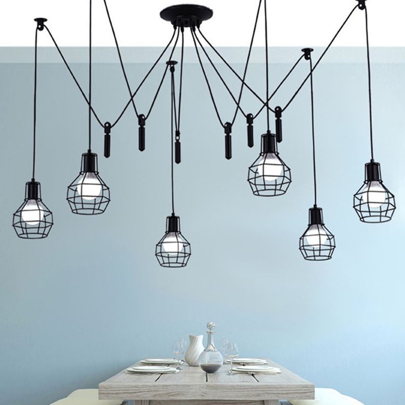 6 Lights Caged Swag Pendant Lighting Industrial Black Iron Multiple Hanging Light with Pulley
