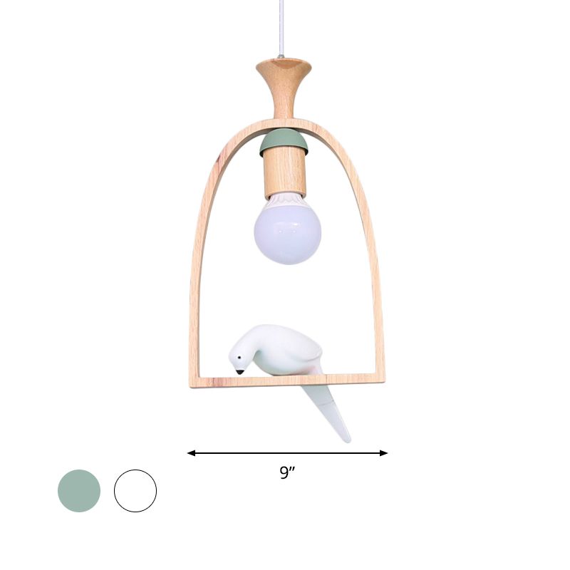 Single Dinette Hanging Pendant Nordic Green/White Ceiling Light with Arch Wood Frame and Bird Decoration
