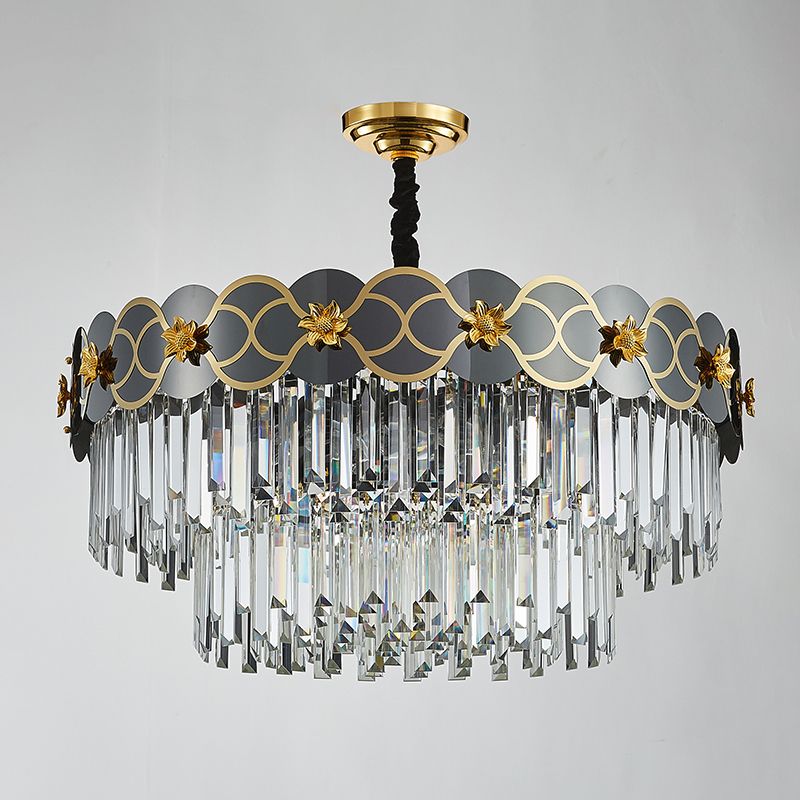 6 ampoules Priss en verre transparent pendentif traditionnel fin finition gris conique lustre plafond de salon avec décoration de fleurs dorées