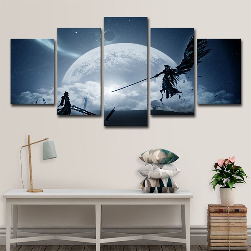 Kids Moon Night Fight Canvas Dark Blue Final Fantasy Game Scene Wall Art Decor for Room