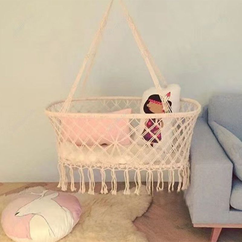 Traditional Manual Rocking Solid Wood Oval Crib Cradle with Rope