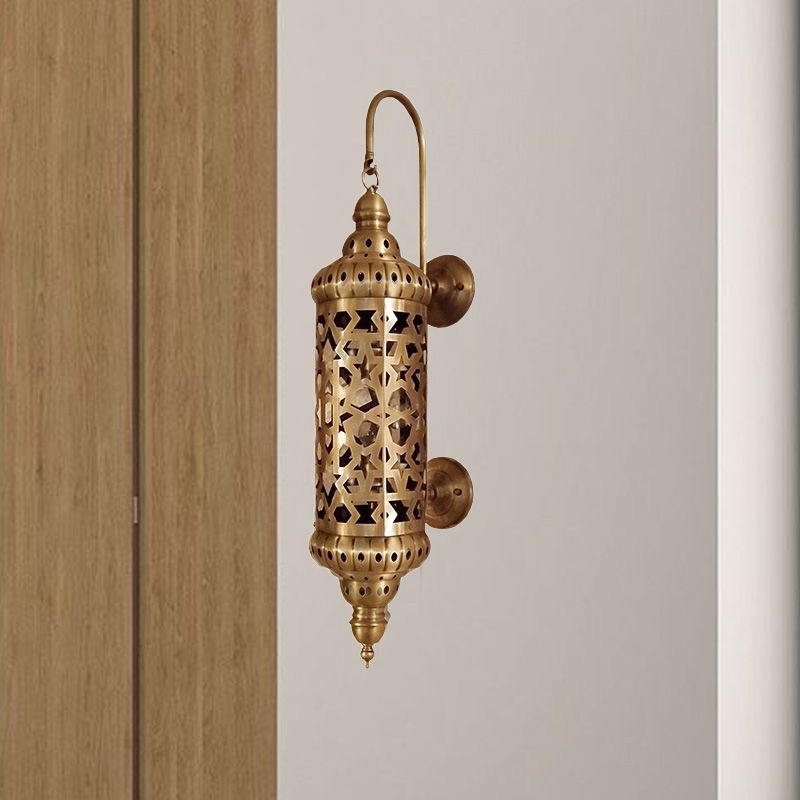 Metal Brass Sconce Light Fixture Cylinder 1-Light Arab Wall Mounted Ceiling Lamp with Hollow Out Design