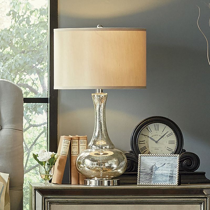 Silver Glass Vase Shape Nightstand Light Modernism Single Bulb Night Table Lamp with Drum Beige Fabric Shade