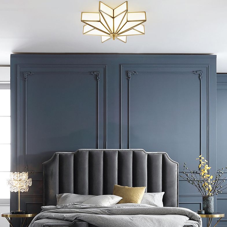 19.7 Inches Wide Octagonal Star Brass Ceiling Light White Glass Shade 4-Lights Traditional Rustic Style Flush Mount Lamp