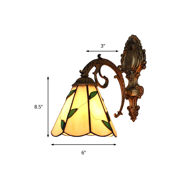 Leaf Corridor Sconce Light with Carved Base Glass 1 Light Tiffany Wall Sconce in Beige