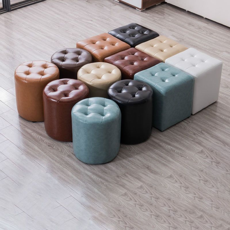 Modern Pouf Ottoman Genuine Leather Upholstered Tufted Solid Color Ottoman
