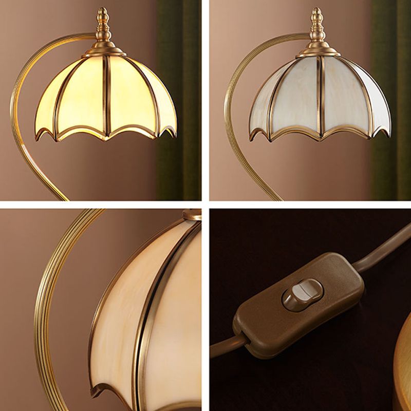 European Style Umbrella-shape Table Lamp Copper Desk Lamp with Glass Shade for Bedside