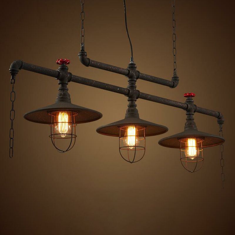 Iron Saucer over Island Lighting Rustic Dining Room Pendant Lamp with Cage Guard in Black