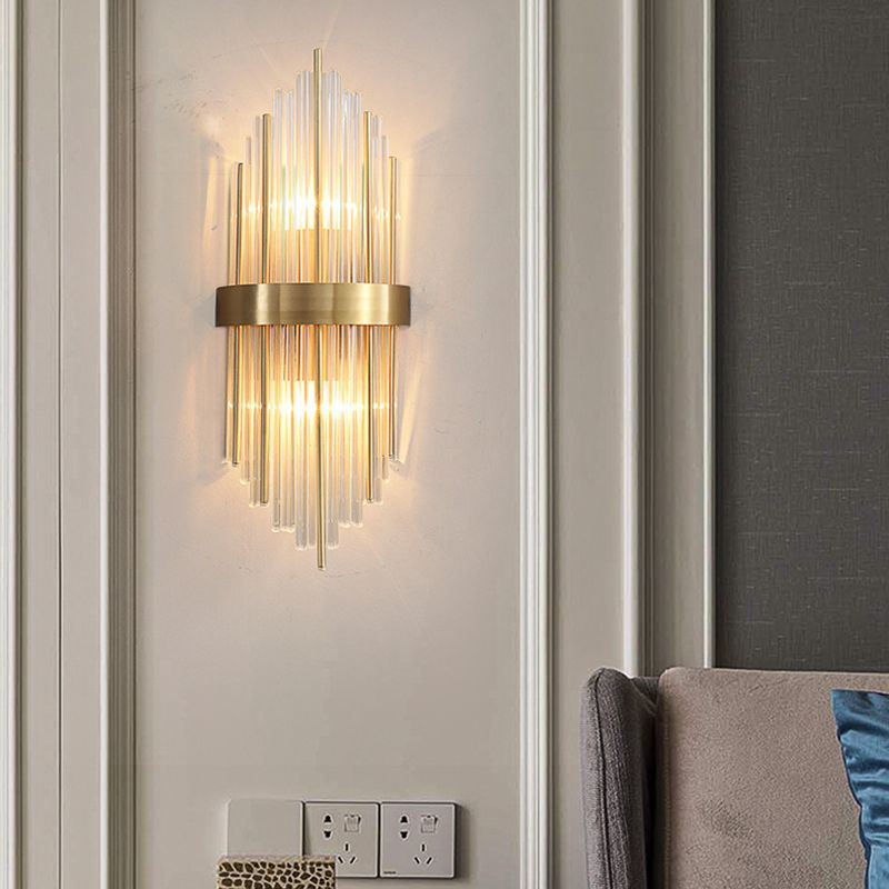 Postmodern Brass Wall Light Gold Tubular Shape Wall Sconce with Crystal for Living Room