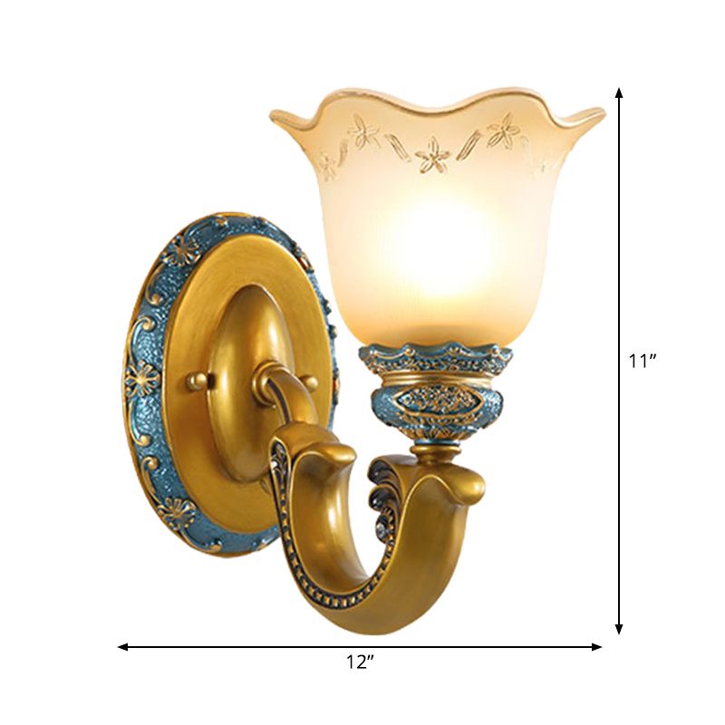 Frosted Glass Gold Wall Lamp Printed Flower 1-Bulb Warehouse Wall Mounted Lighting for Corridor
