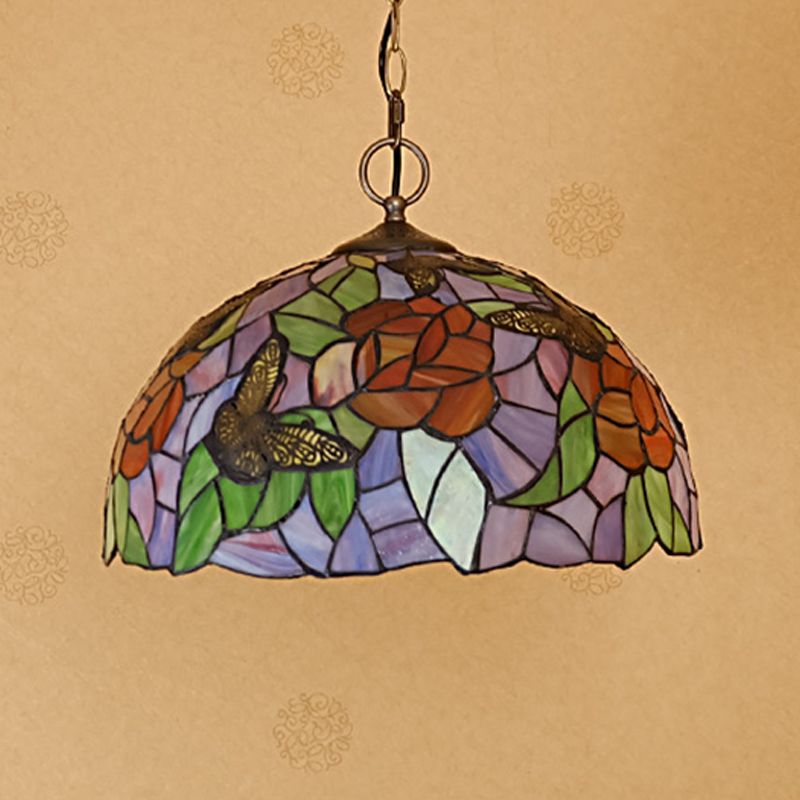 White/Red 1 Light Pendant Light Fixture Mediterranean Stained Glass Butterfly Hanging Lamp Kit