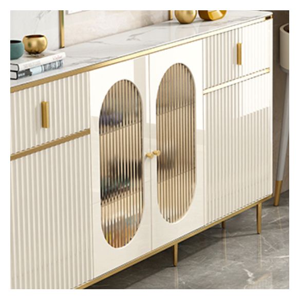 White Buffet Server with Glass Doors Glam Dining Server for Dining Room