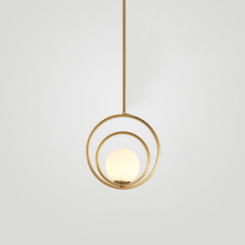 Spherical White Glass Pendant Lamp Postmodern 1 Head Gold Pendulum Light with Metal Rings