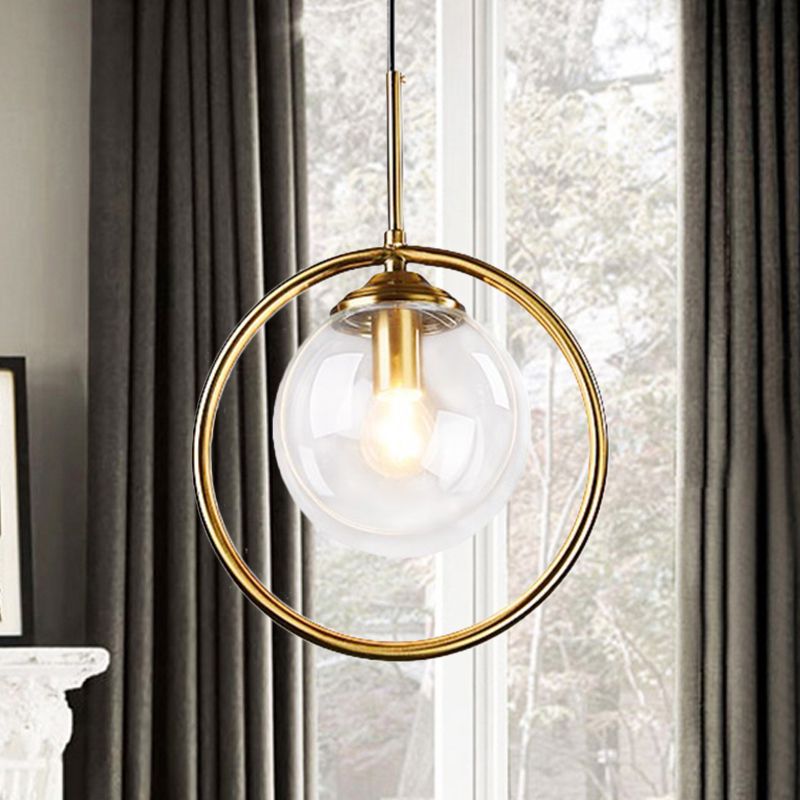 Gold Globe Pendant Lamp Postmodern 1 Head Smoke Gray/Clear Glass Hanging Light Kit for Bedroom
