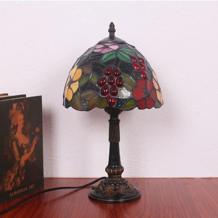 Stained Glass Red Table Light Flower and Grapes Pattern 1 Head Tiffany Night Stand Lamp