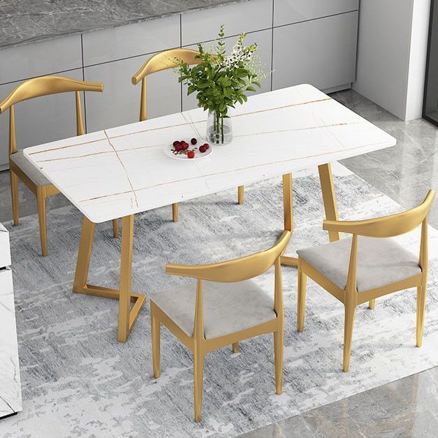 Mesa de comedor rectangular estilo Glam, mesa con pedestal doble con piedra sinterizada
