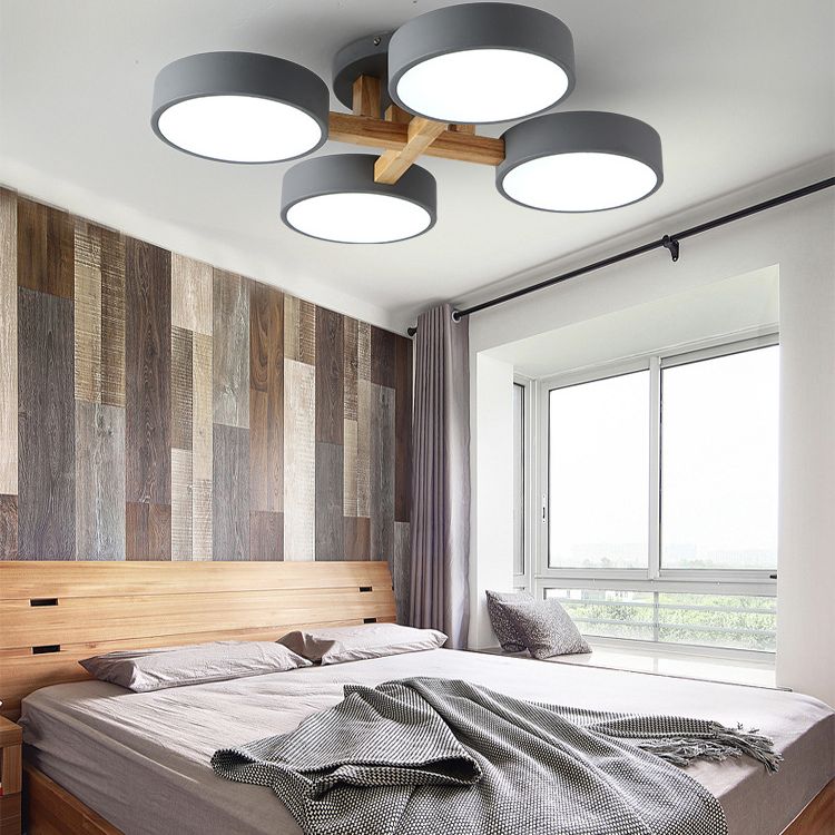 LED Nordic Creative Creative Semi Flush Mount Affermazione Circle a soffitto a soffitto in legno Luce montata per camera da letto