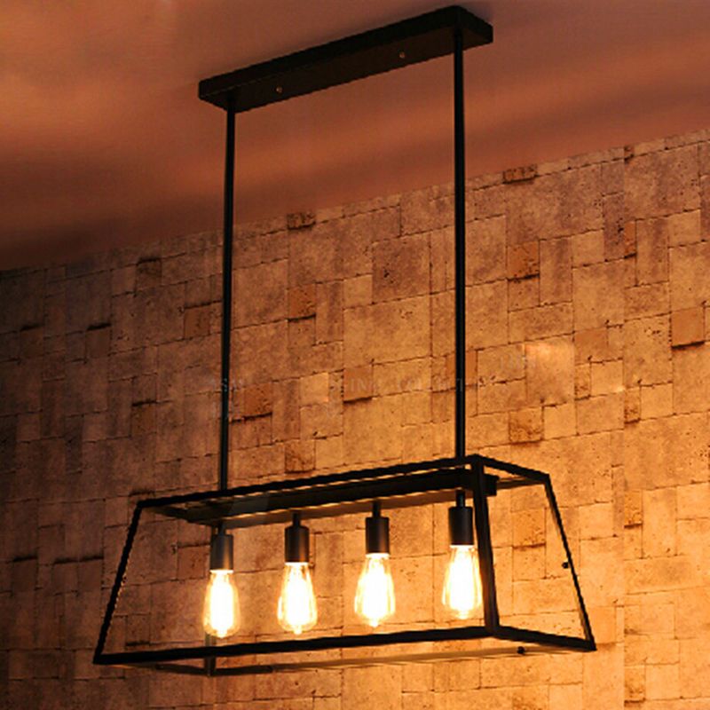 Industrial Style Island Pendant Glass 4 Light Island Light in Black for Restaurant