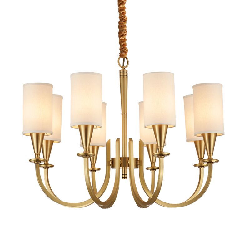 American Rustic Style Copper Chandelier Multi-lights Cylindrical Fabric Shade Hanging Light in Gold