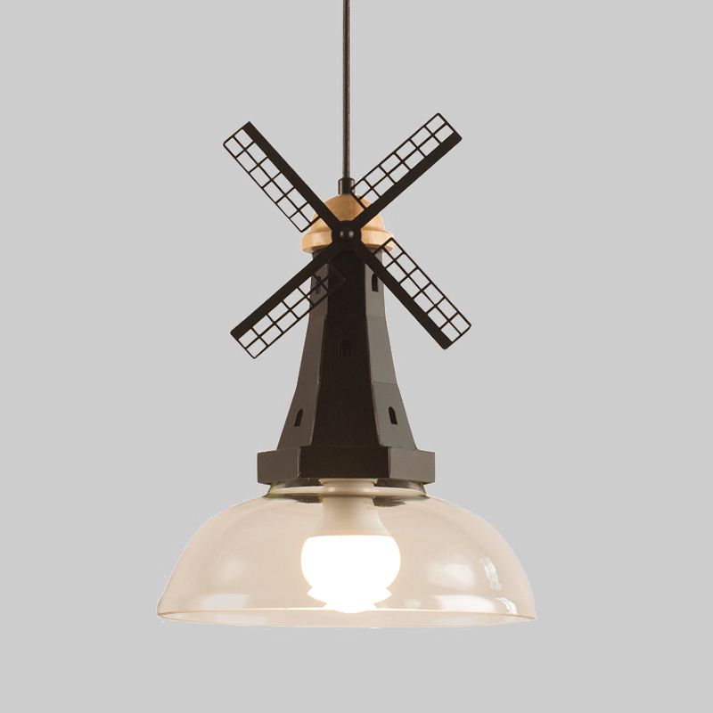 Windmill Ceiling Lighting Designer 1 Head Iron White/Black Hanging Lamp Fixture with Bowl Clear Glass Shade