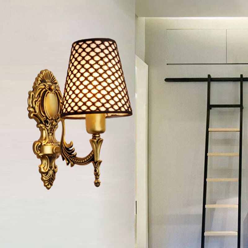 Gold Cone Wall Mount Light Traditional Metal 1/2-Light Living Room Carved Sconce Light with Lattice Fabric Shade