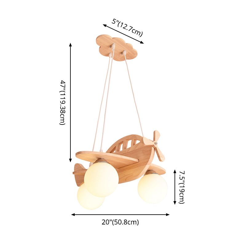 3 lumières Airplane Pendant Light Aymator Cartoon Suspension en bois Pendante Lumière avec bouche Boule Blanc Shade