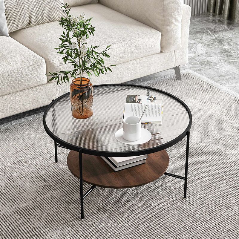 Glass Top 4 Legs Coffee Table Modern Round Cocktail Table in Black/Gold