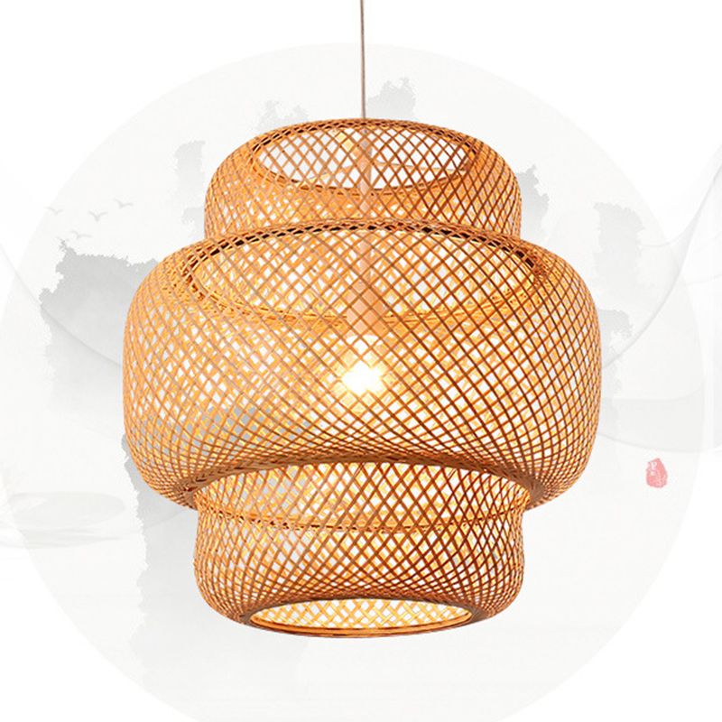 Natural Bamboo Weaving Lantern Hanging Light Asian Style Simplicity 1-Bulb Lighting Fixture in Beige